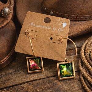 Volcano AB Crystal Dangle Earrings Gold Tone Square Iridescent Statement — NWT